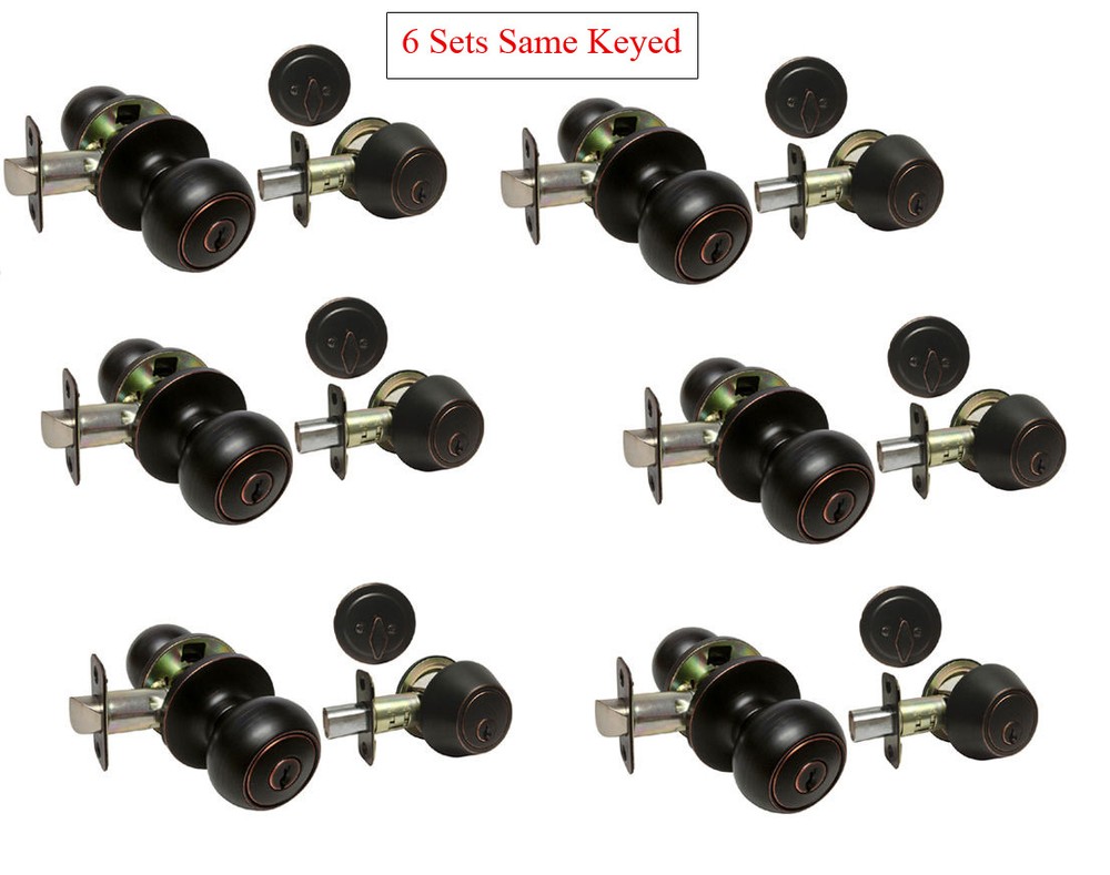 Entry Deadbolt Locks Combo Sets Oil Rubbed Bronze Round Door Knobs Keyed Alike