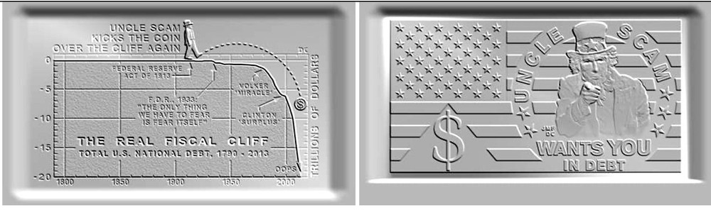 2013 Fiscal Cliff Hard Times Token, rectangular, Satin Bronze Toned Daniel Carr