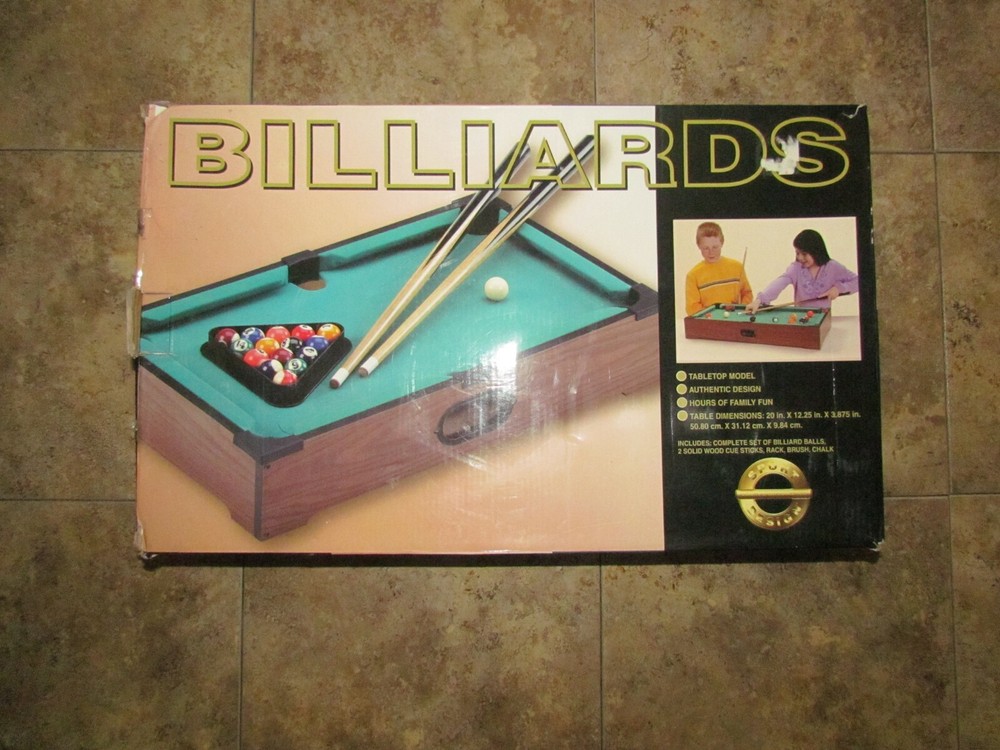 MINI BILLIARDS TABLE TOP BOX COMPLETE 2 STICKS BALLS RACK BRUSH CHALK