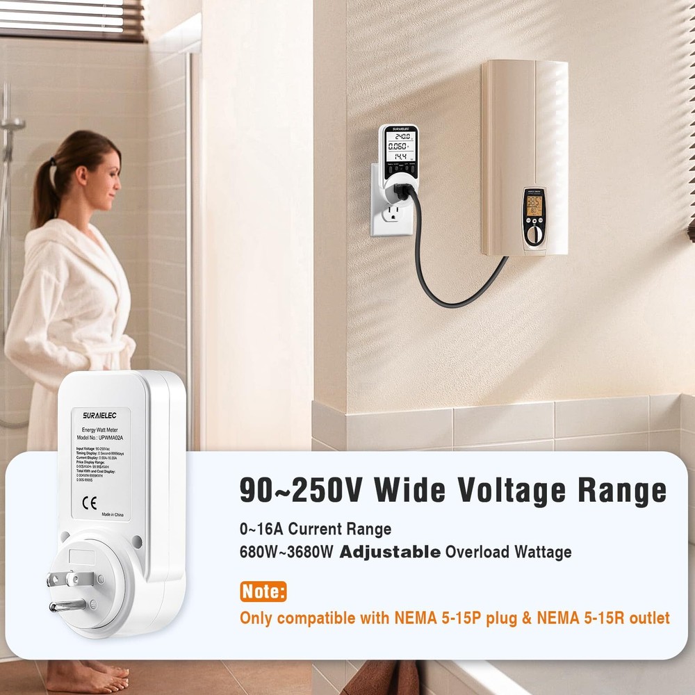 Watt Meter, Plug-in Socket Power Meter, 90V-250V Wide Range, Backlit Large Displ