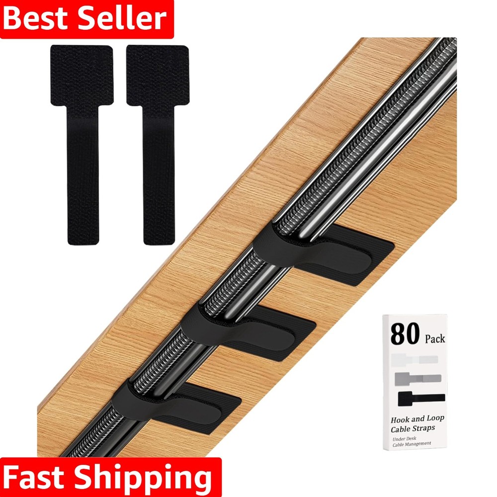 80PCS Hook and Loop Cable Straps, Cable Management Under Desk, Self Adhesive ...