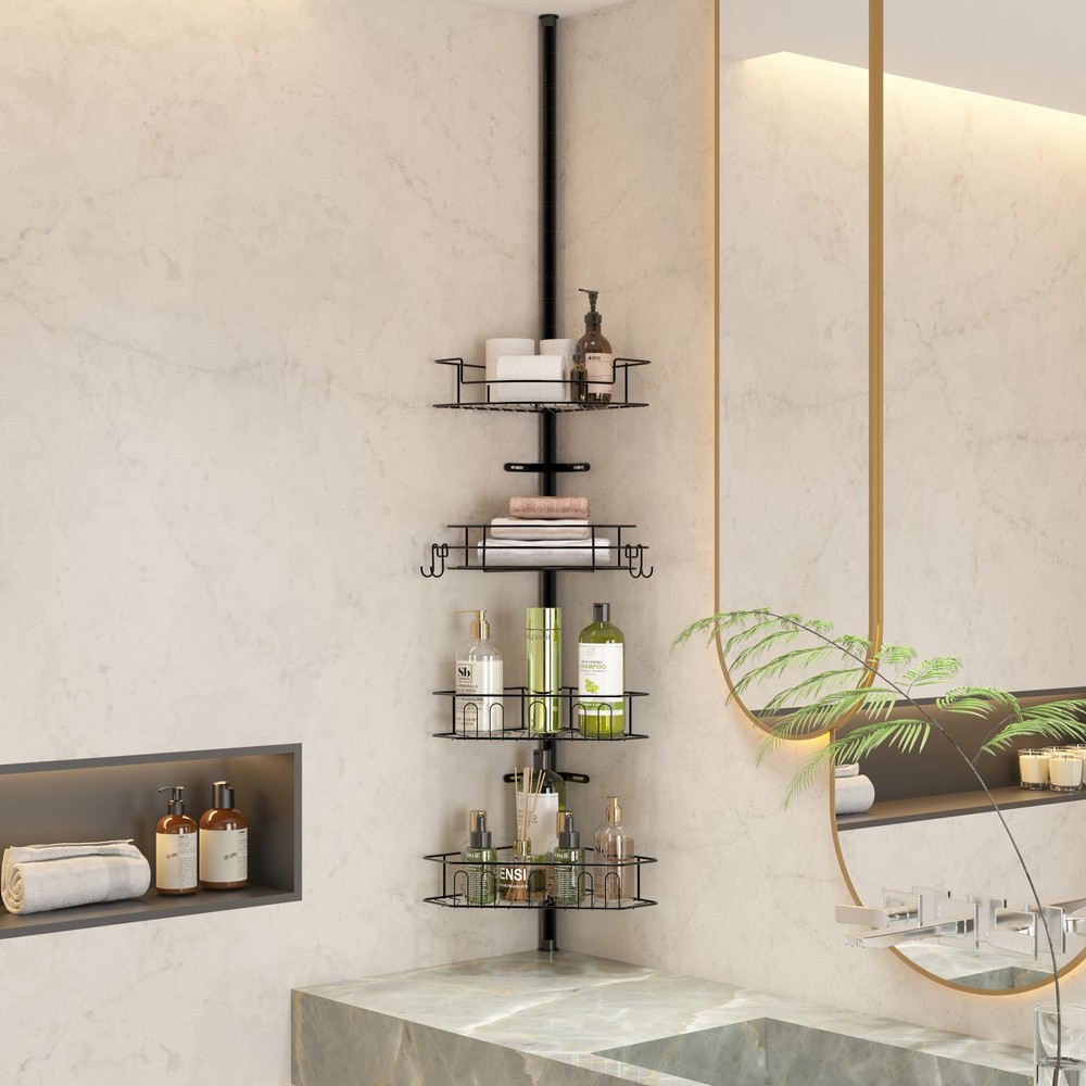 Corner Shower Caddy Tension Pole 4-Tier Adjustable Rustproof Baskets Bathroom