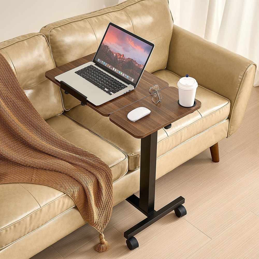New/Overbed Table, Mobile Bed Side Table with Flip Desktop and 4 Wheels, Height