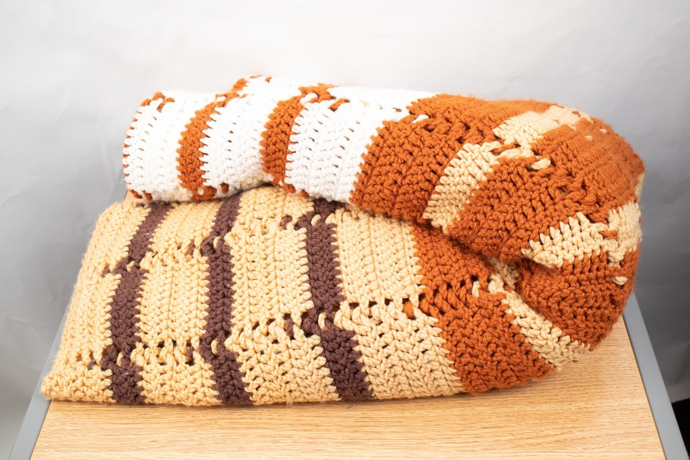 Afghan Throw White Tan Brown Rust 75" X 48"