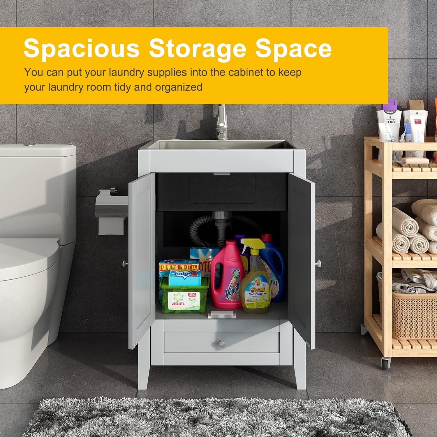 Stainless Steel Utility Sink with Cabinet and Pull-Down Faucet for Laundry Room