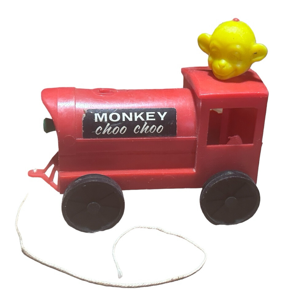 Monkey Choo Choo Plastic Train Pull Toy  5" VINTAGE 1960's