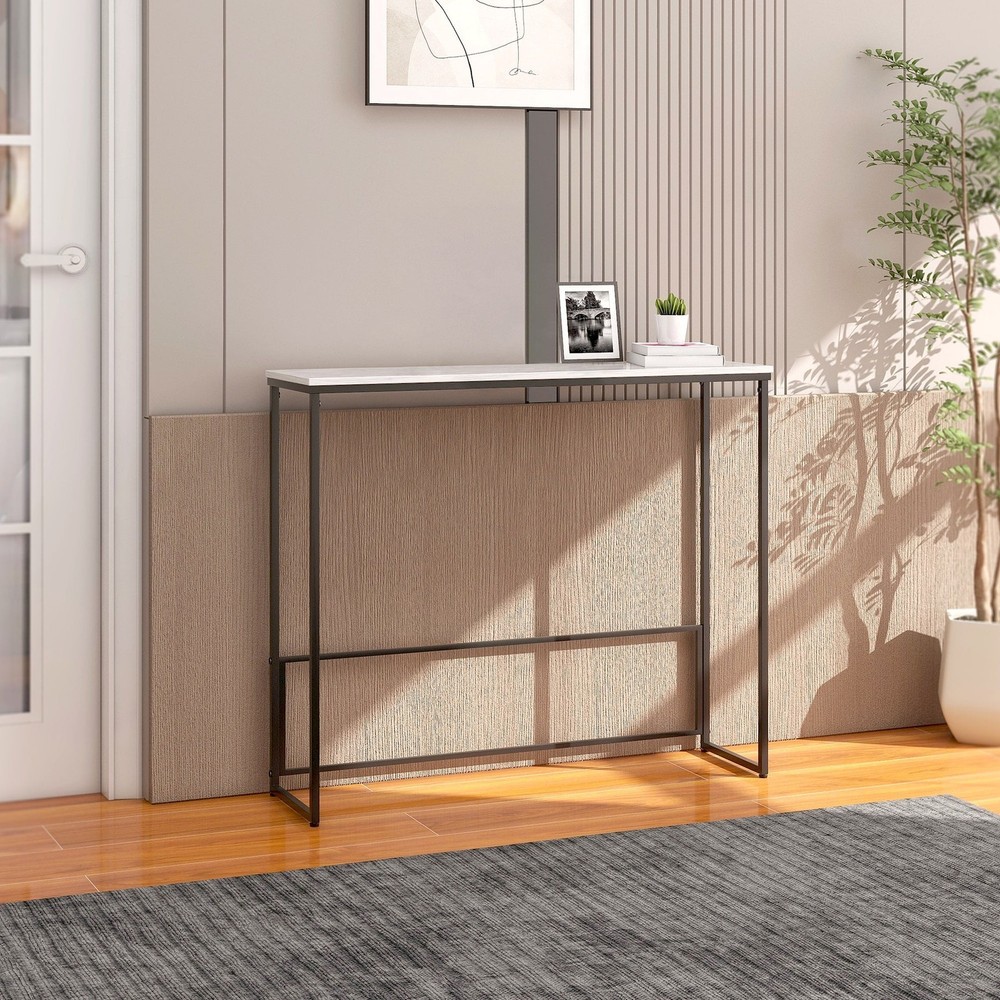 Sleek Console Table W/ Marble Stone Top Compact Entryway Table
