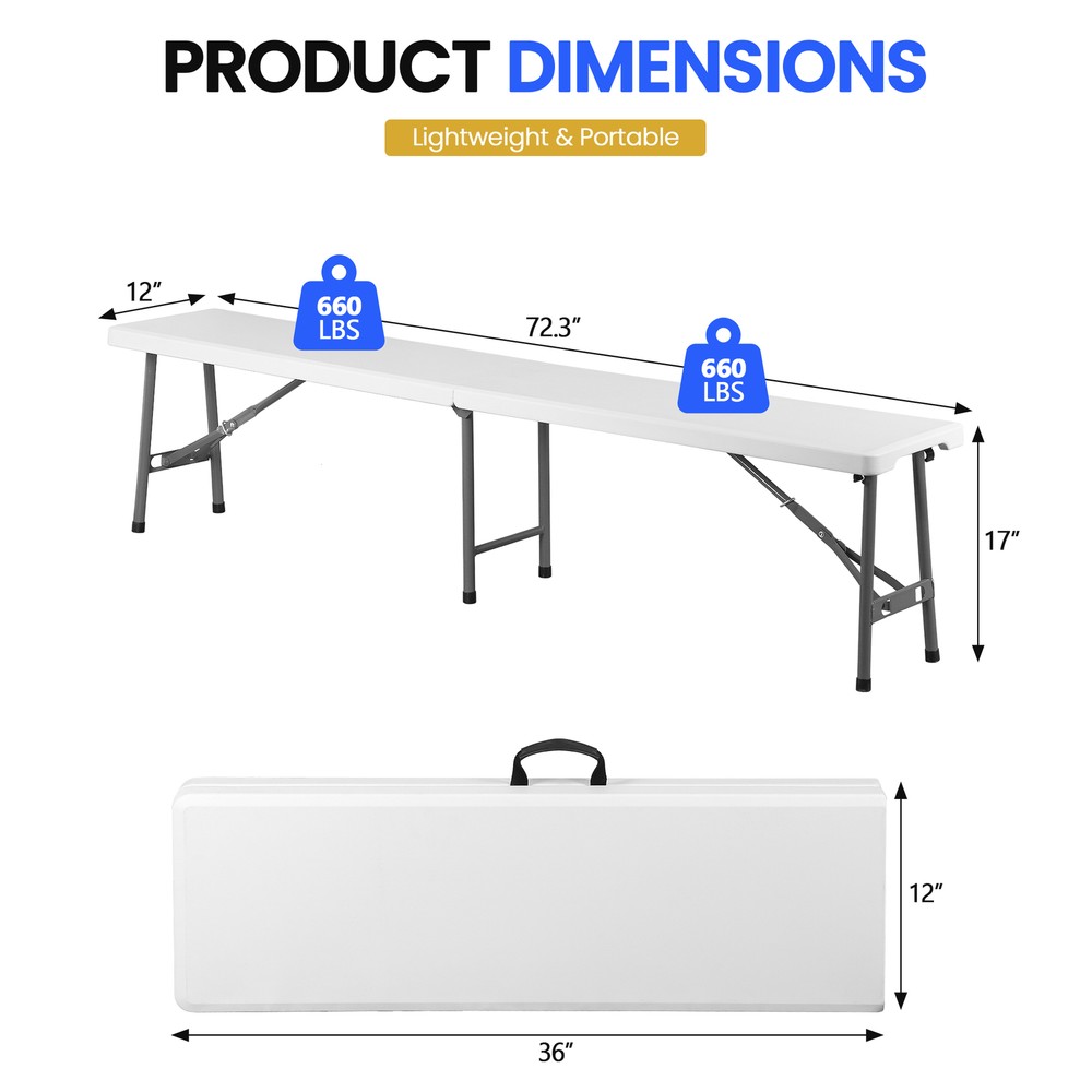 2X 6FT Plastic Foldtable Bench w/ Handles Outdoor Portable Stackable Bench Party