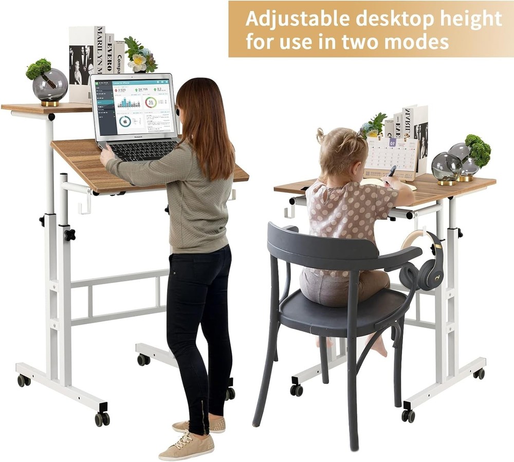 Compact Rolling Computer Desk - Ergonomic Height Adjustable in Vintage Oak