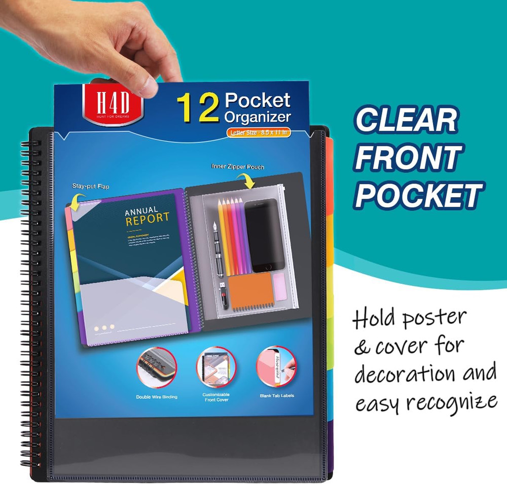 12 Pocket Poly Project Organizer, Spiral Multi Pocket Folder Organizer, Multi-Su