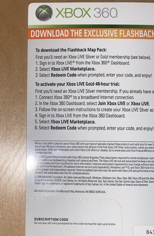 Gears Of War 2 Flashback Map Pack Xbox 360 Live DLC Subscription Code UNUSED New