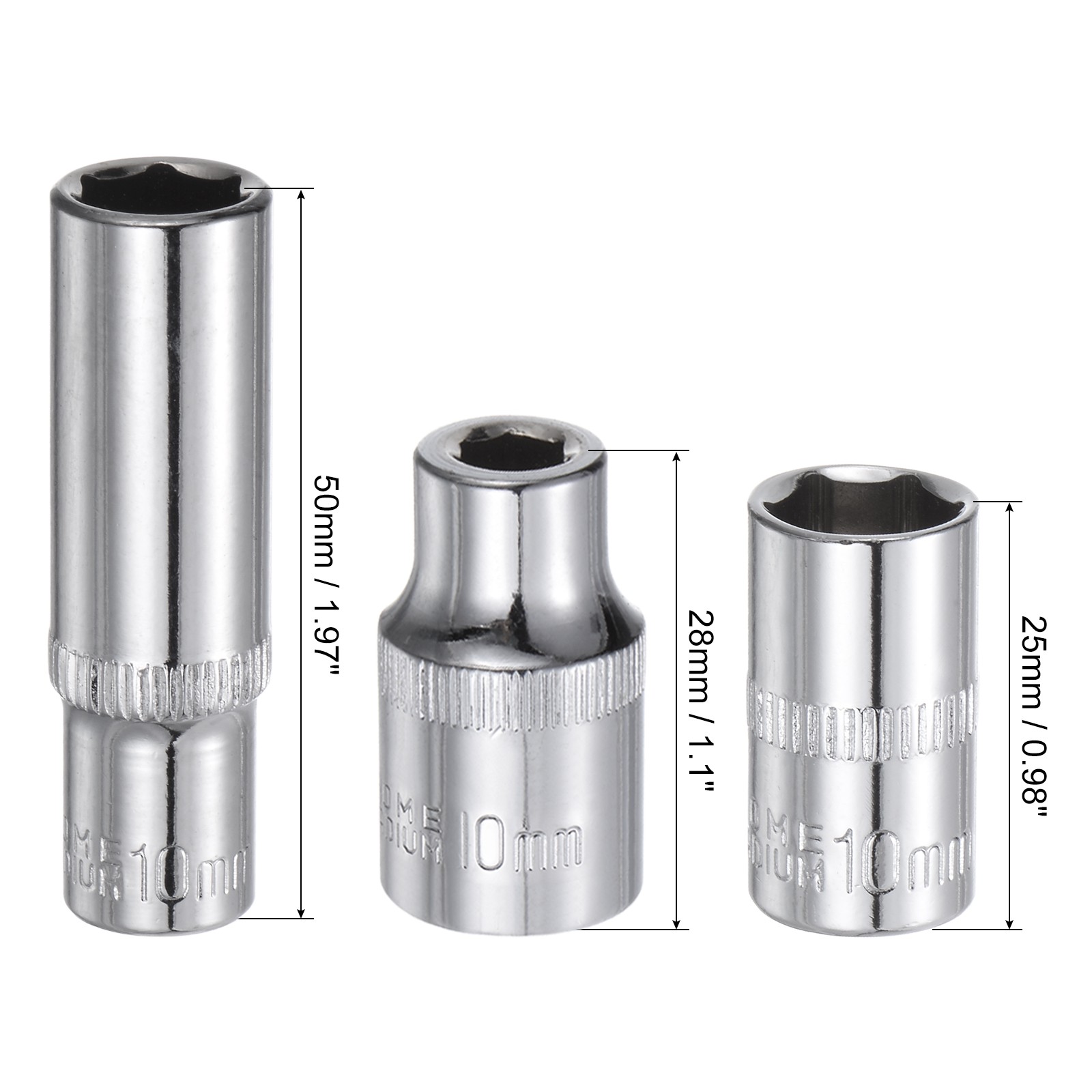 10pcs 6-Point Shallow Socket 10mm 3/8 1/4" Drive Cr-V Deep Shallow Socket