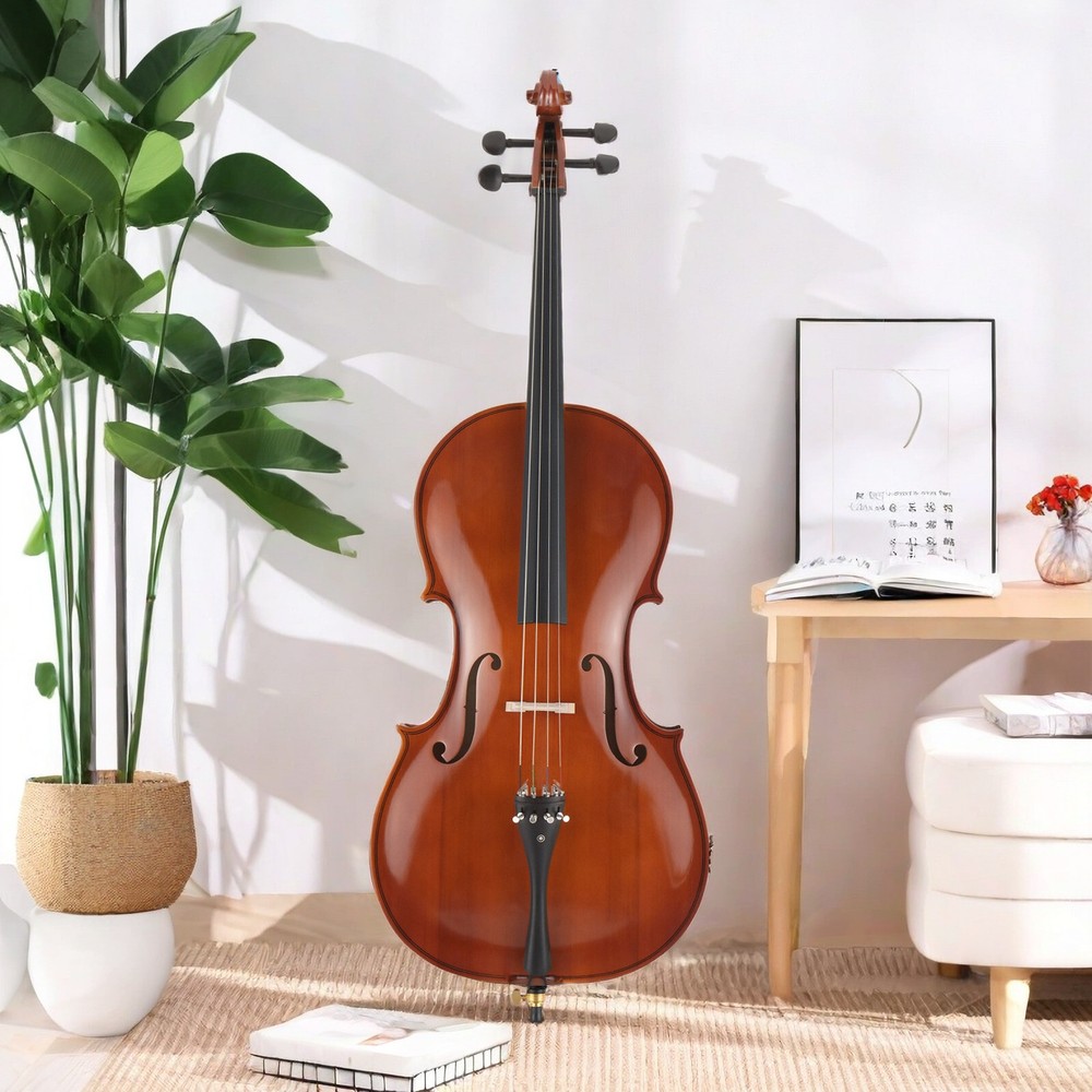 Natural Full Size 4/4 Acoustic Cello Set w/ Spruce Panel & Tiger Pattern Process