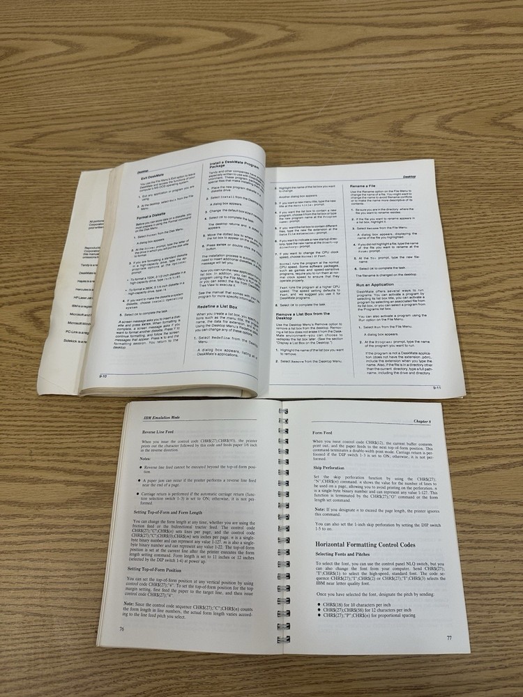DeskMate TANDY USER REFERENCE MANUAL and DMP 132 Dot-Matrix Printer Manual.