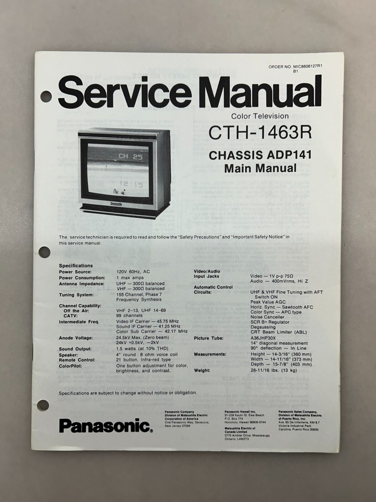 Panasonic CTH-1463R Original Service Manual Free Shipping