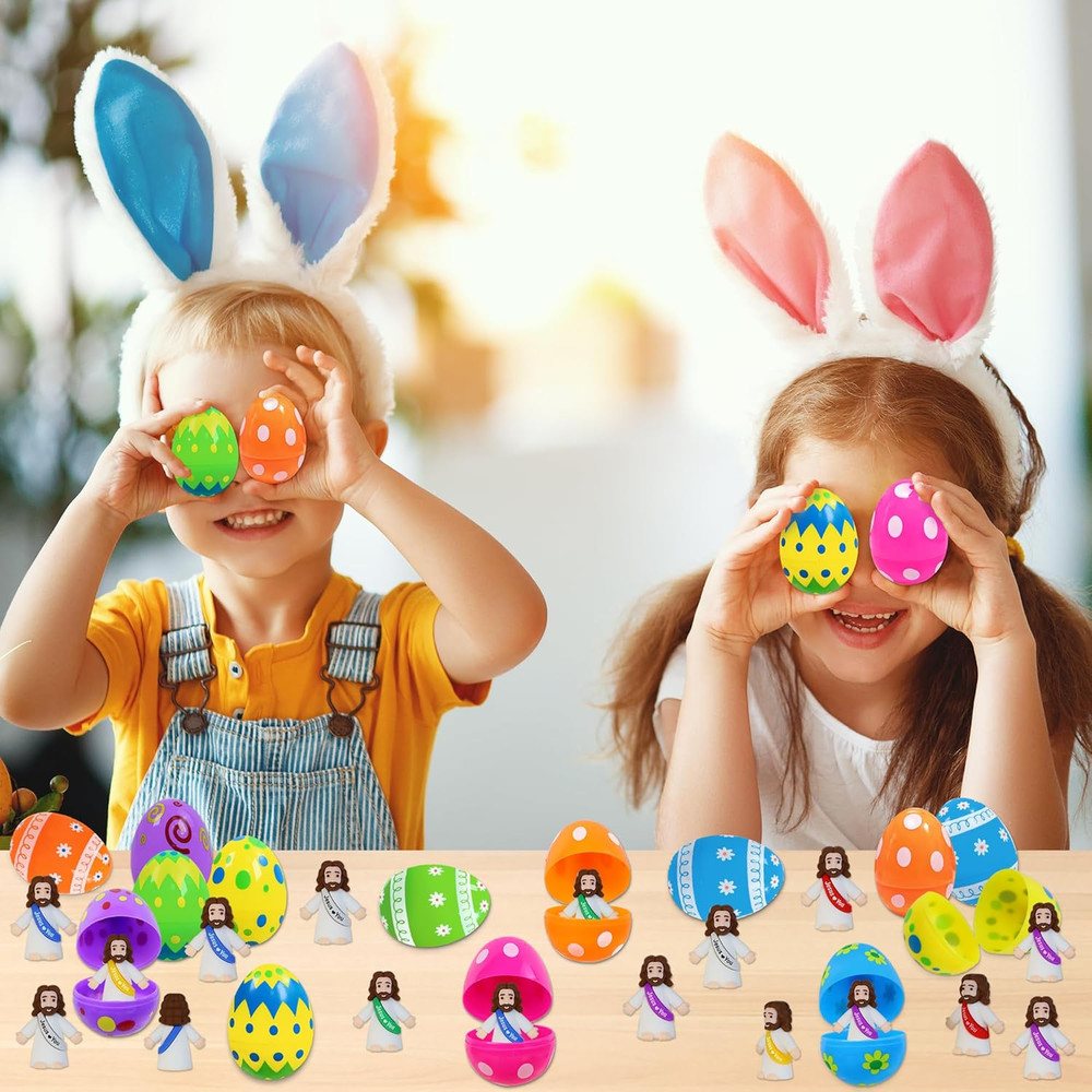 24 Pcs Filled Easter Eggs with Little Jesus Figures inside Mini Toys Easter Gift