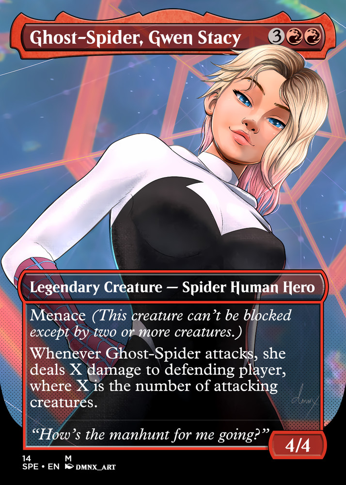 Ghost-Spider, Gwen Stacy Foil Custom sticker on bulk MTG Commander V2 Marvel