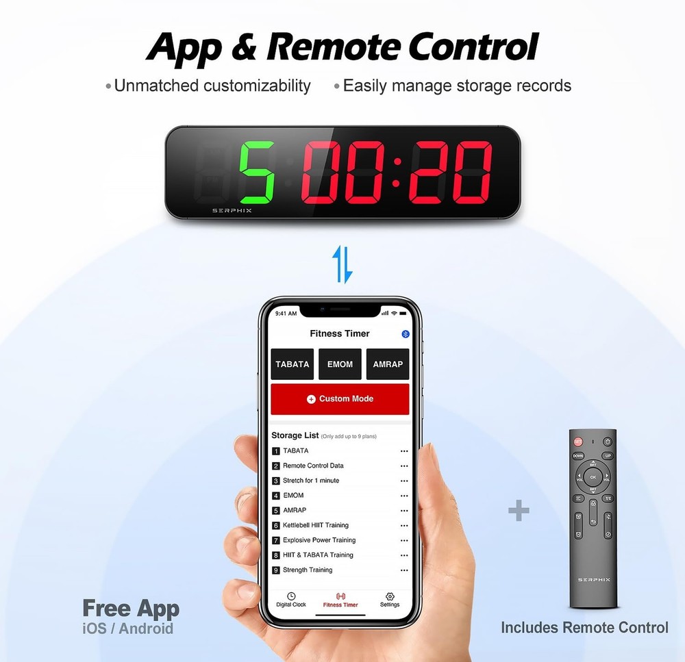 15.2" Gym Timer, App & Remote Control, Customizable LED Colors, Workout Inter...