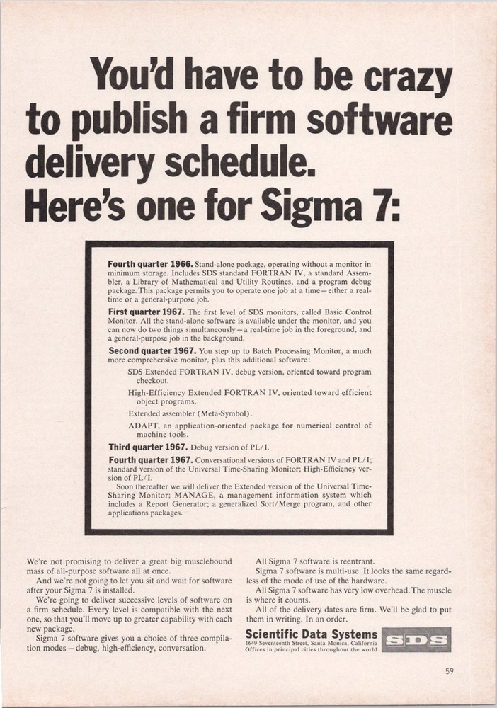 Scientific Data Systems Sigma 7 1966 Vintage Print Ad Software Delivery