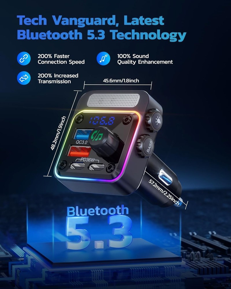 Smart 54W Bluetooth Car Adapter with Fast Charging and Dynamic LED Lights