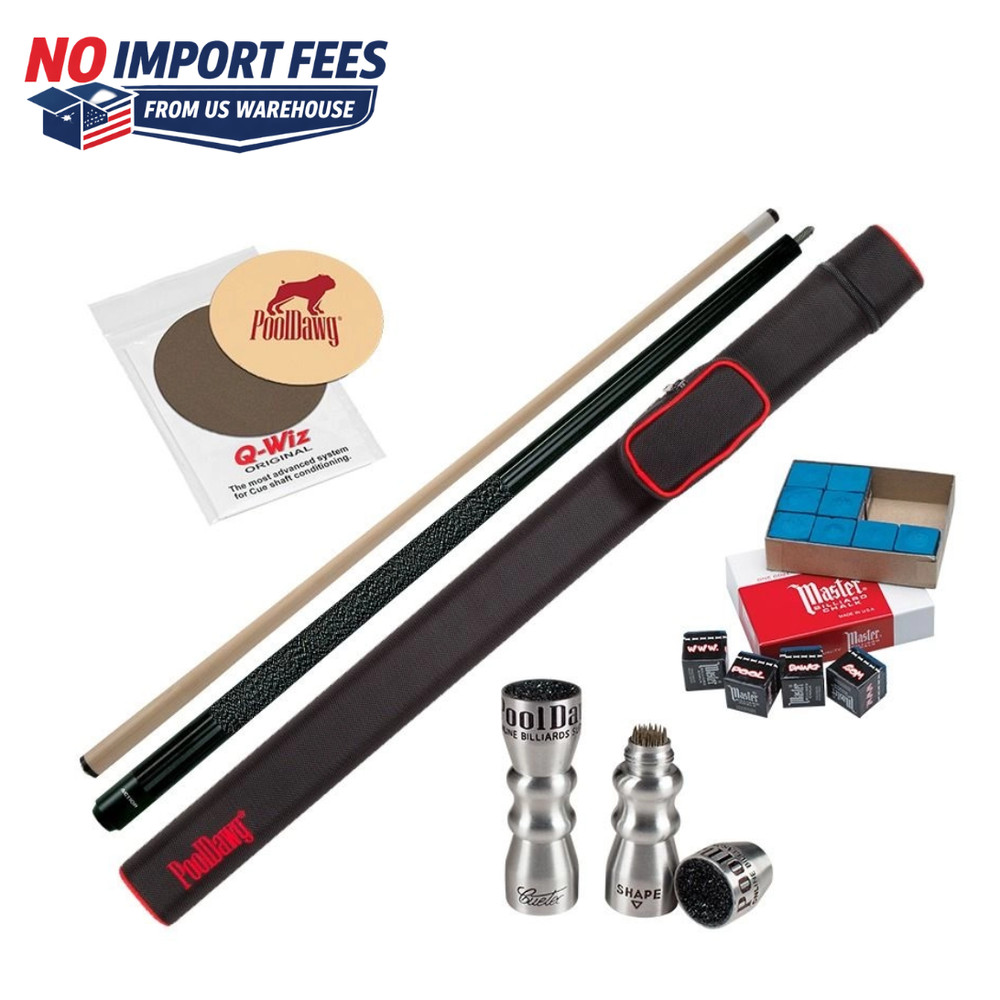 PoolDawg Billiard Bundle: Black Maple Cue, 1x1 Case, Tip Tool & Master Chalk Set