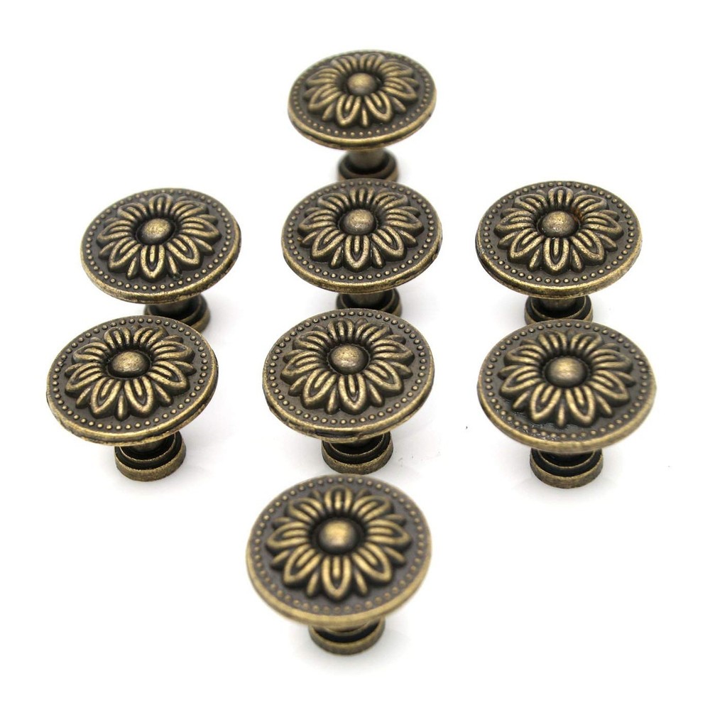 LXZ 8 PCs Vintage Antique Brass Knobs Handles Pulls with Flower Pattern for C...