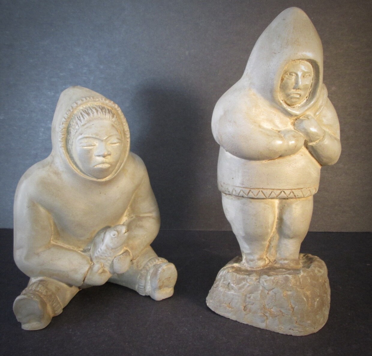 Rare Pair! ESKIMO COUPLE by Woody Mfg. Inc., Canada With Hunted Salmon and Seal!