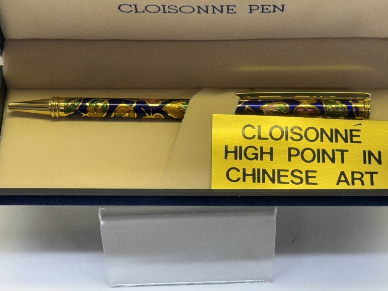 Vtg 1980s Chinese Blue & Floral Cloisonné Art Ballpoint Pen With Box Black Ink