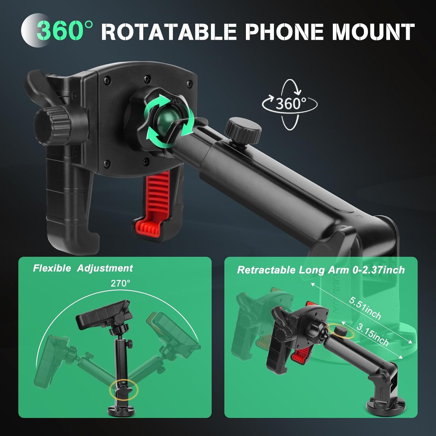 Kayak Phone Holder Mount, 360°Adjustable Kayak Phone Holder with Long Arm