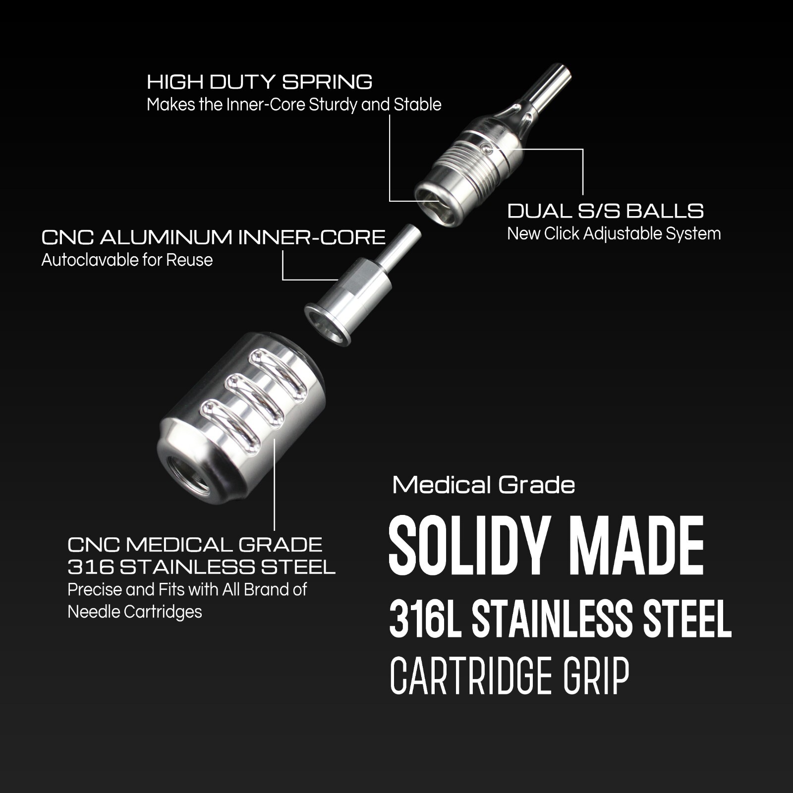 CNC Medical Grade Stainless Steel Adjustable Tattoo Needle Cartridge Grip 30mm