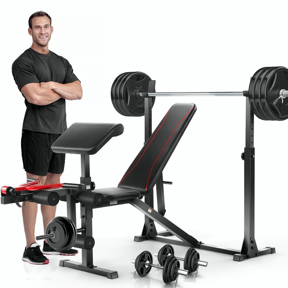 Adjustable Weight Bench, 900LBS Multi-functional Bench Press Set with Squat Rack