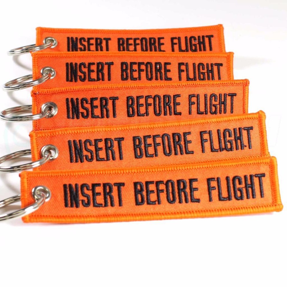 INSERT BEFORE FLIGHT QTY= 5 PCS ORANGE/black KEYCHAIN RING TAGS CABIN CREW PILOT
