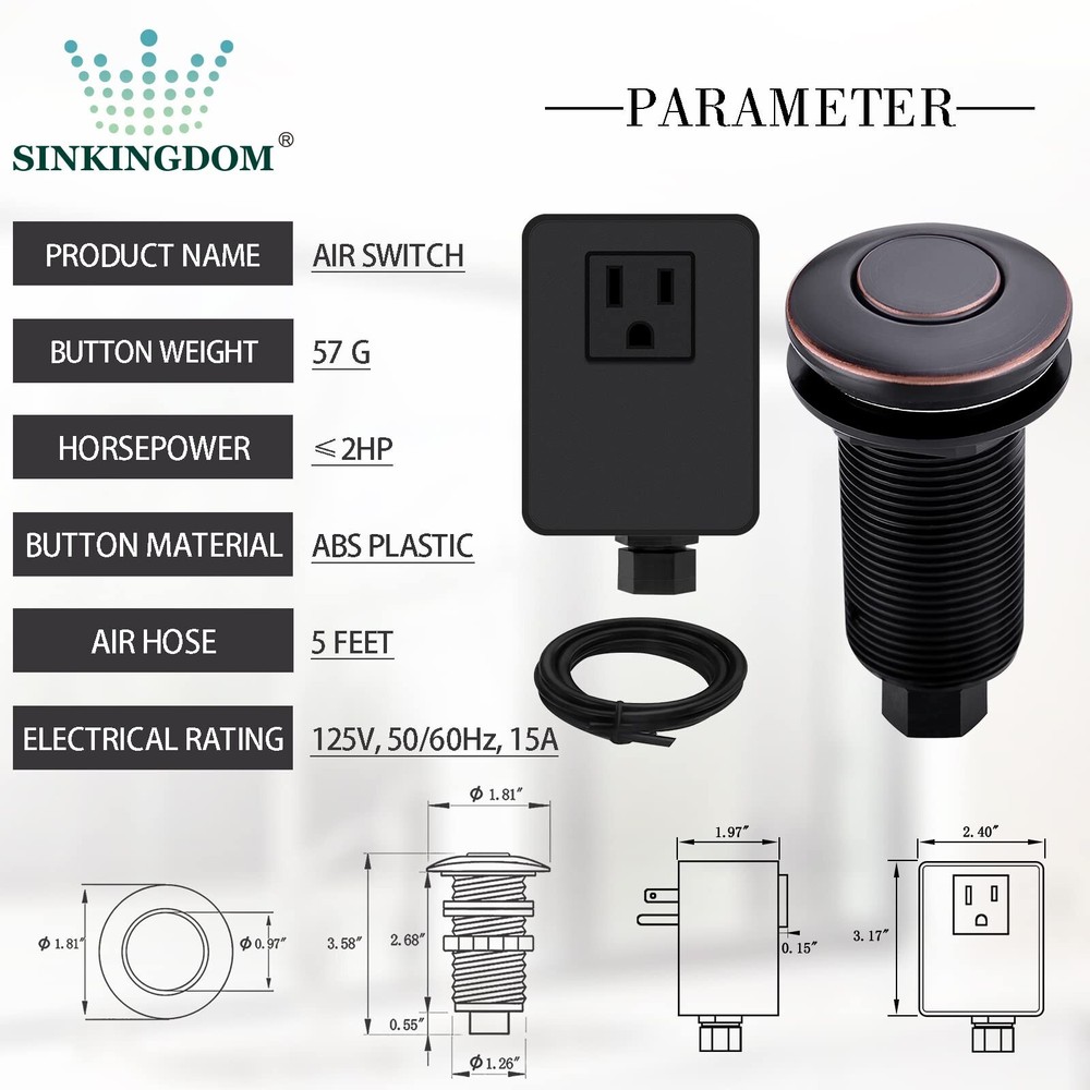 SINKINGDOM Garbage Disposal Air Switch Kit with with Long Button, Oil Rubbed ...