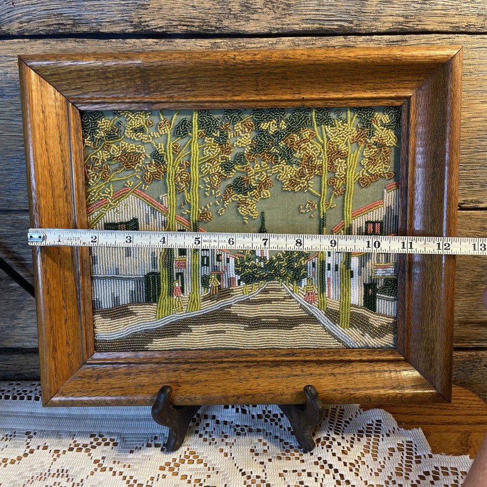 Vintage Beaded Needlepoint Landscape Framed Micro Bead Art - Sidewalk Trees