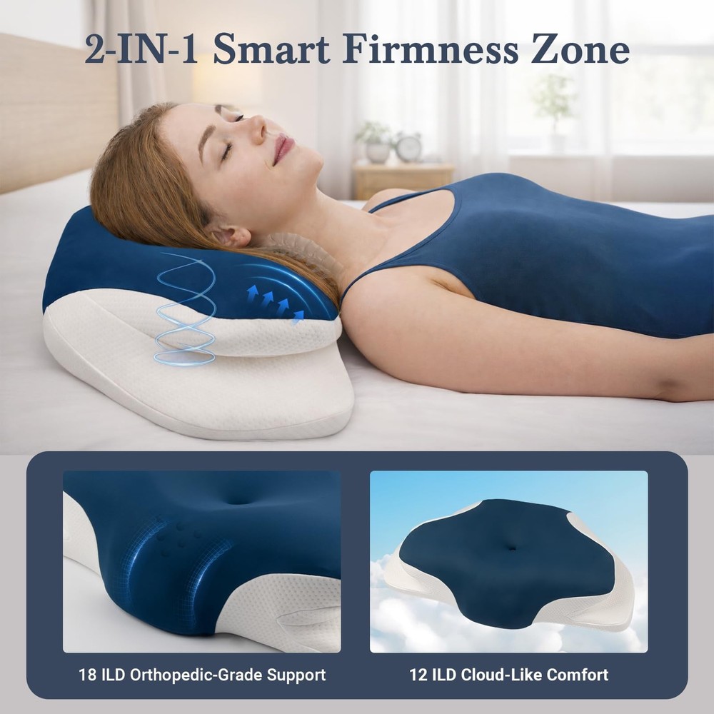Cervical Neck Support Pillow for Sleeping, Two Heights Memory Foam Ergonomic ...