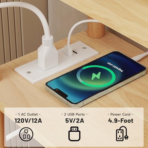 Solid Wood Side Table with Charging Station, 3-Tier Small End Table Natural