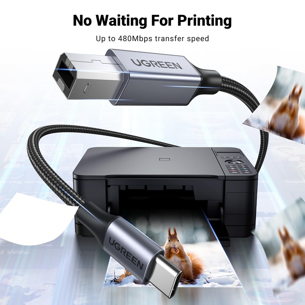 UGREEN USB B to C Printer Cable 3 FT, Nylon B USBC 3 Silver