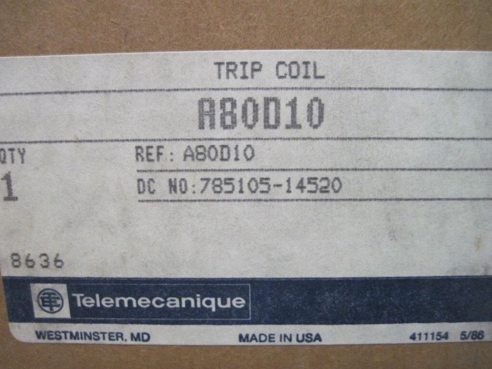 Telemecanique A80D10 2.75A Trip Coil for A80 A82