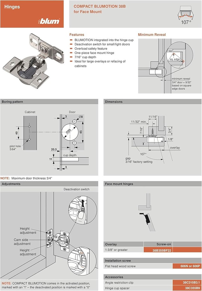 Blum 38B Compact Soft Close Hinge 107° 38B355BF