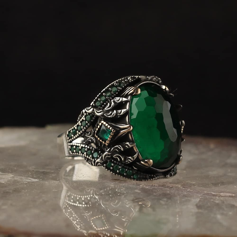 Emerald Stone Men Silver Ring, 925 Sterling Silver Emerald Gemstone Ring