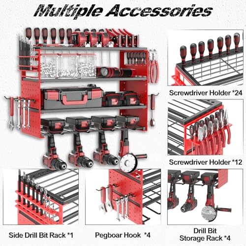 Power Tool Organizer Wall Mount, 4 Layers Tool Storage Rack 4 Drills Holder Red