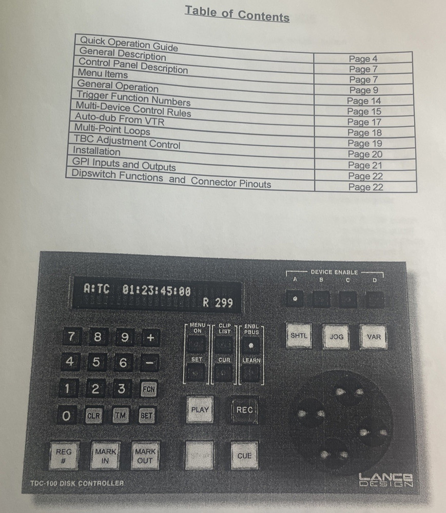 Lance Design TDC-100 TD’s DISK CONTROLLER OPERATOR MANUAL USED