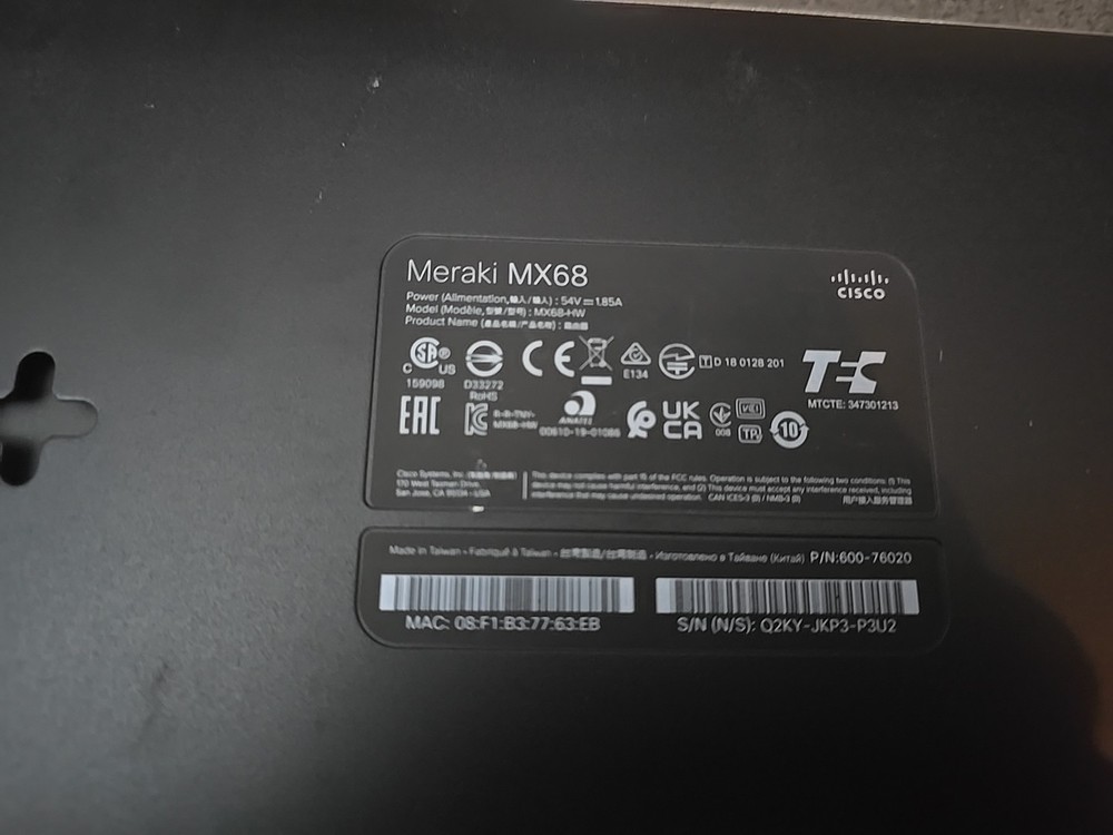 Cisco Meraki MX68-HW Cloud Managed Firewall Claimed