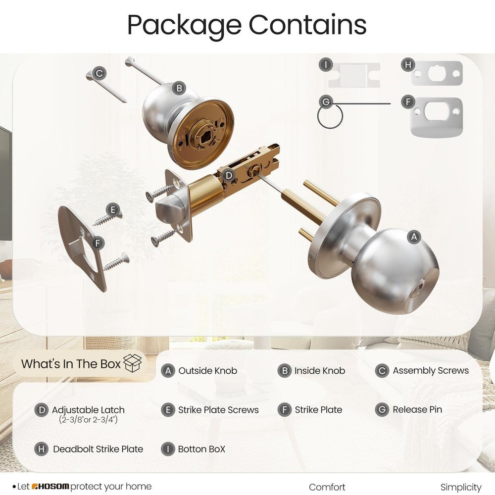 HOSOM Privacy Door Knob with Lock, Interior Knobs 1 Pack, Satin Nickel