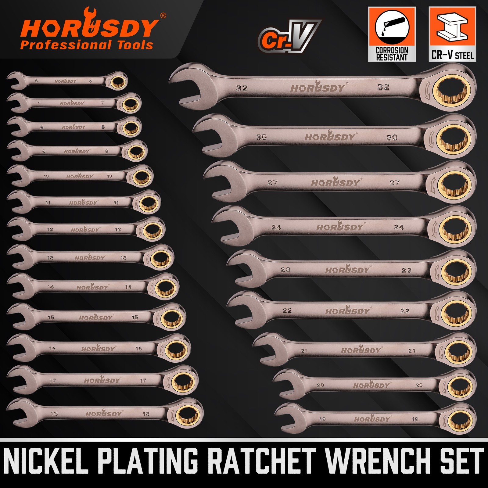 Ratchet Wrench Spanner 6-32MM Metric Fixed Head Wrench 72-Teeth Nickel Plating