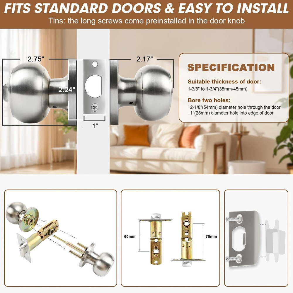 Privacy Door Knobs, 6 Pack Satin Nickel Door Knobs with Lock, Bed and Bath Door