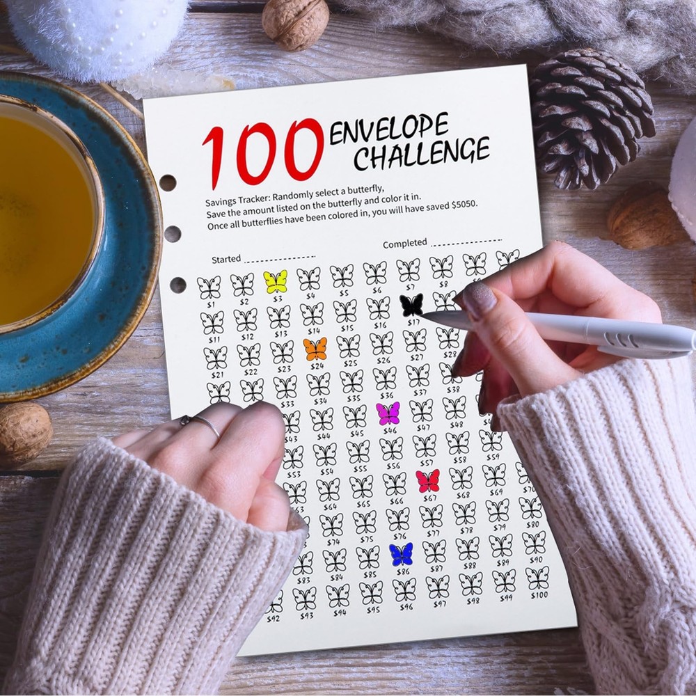 100 Envelope Challenge Binder, 25 Sheets Silkscreen Numbers to 100, Not Stick...