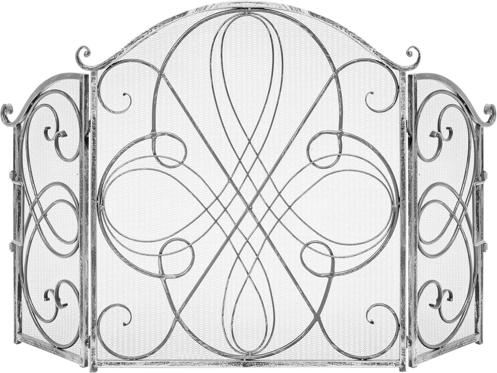 3-Panel Solid Wrought Iron See-Through Metal Fireplace Screen Spark 55x33in