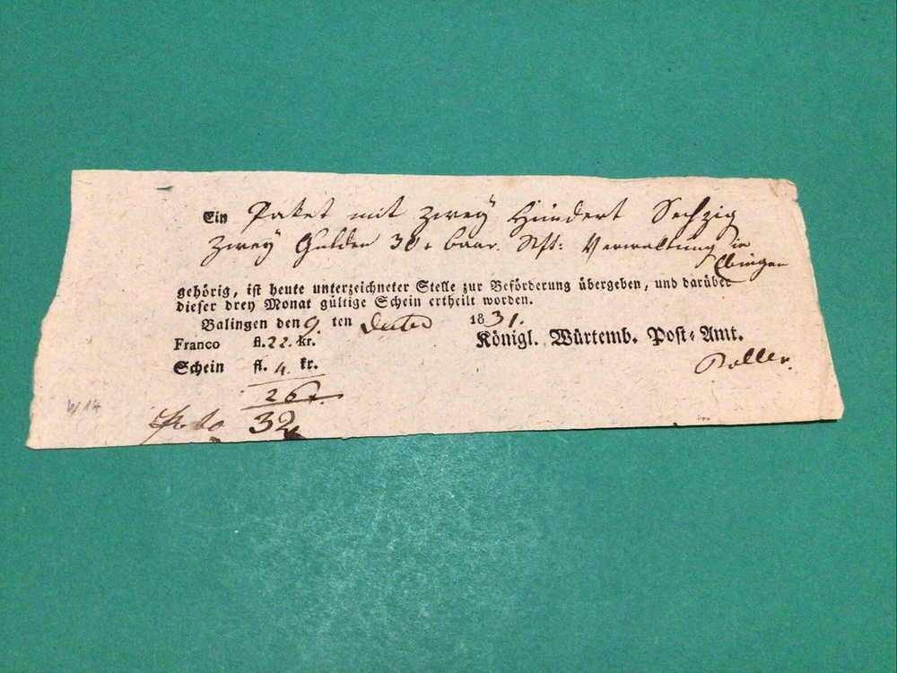 Germany Wurttemberg 1831 Postal Note A21514