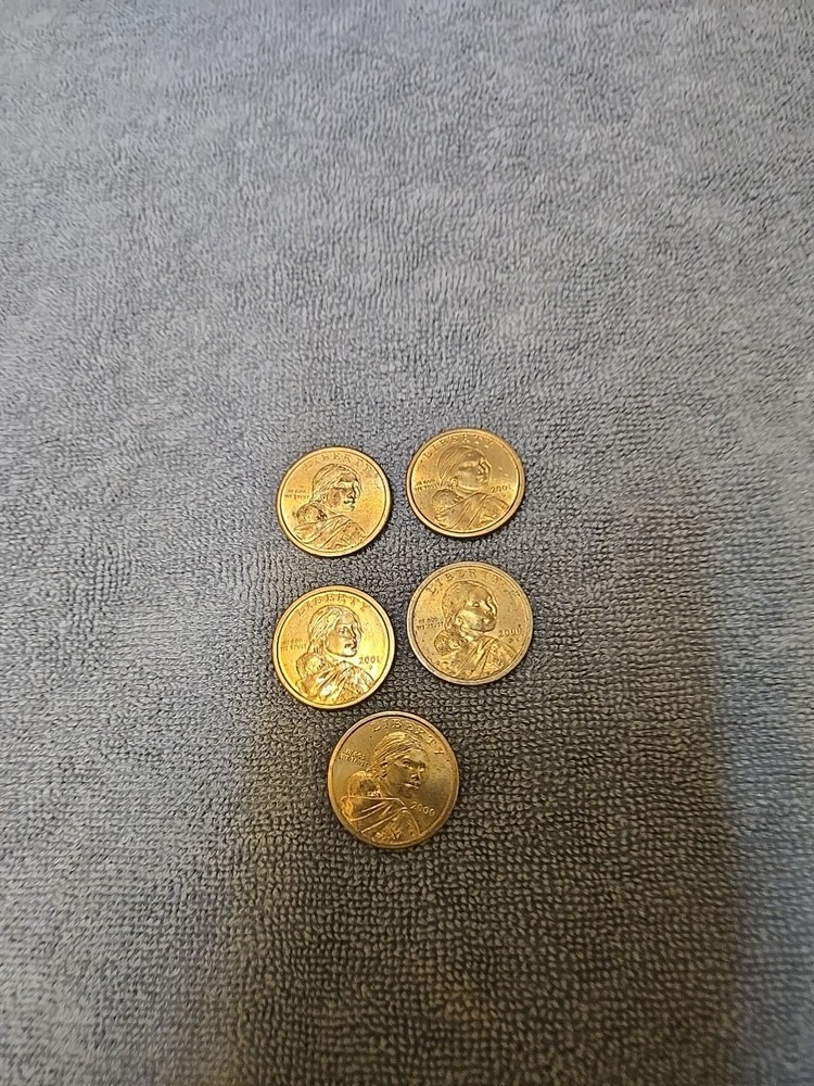 Five 2000  2001 USA Sacagawea Dollar Coins